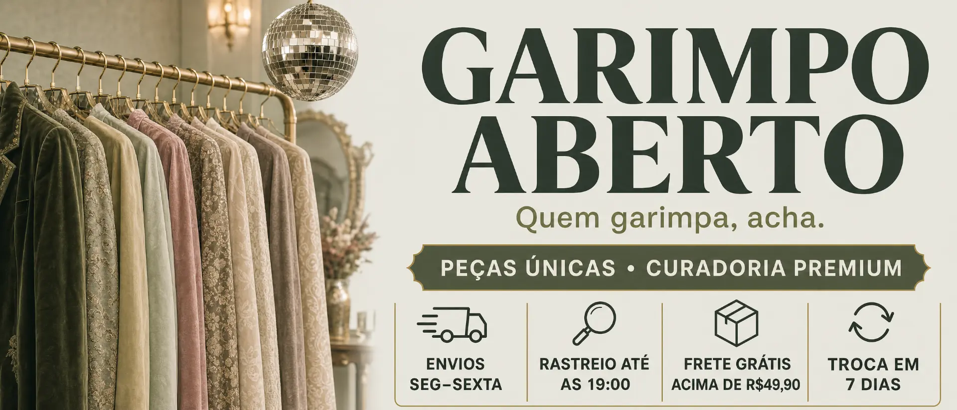 Garimpo aberto — arara de peças vintage com envios de segunda a sexta, rastreio até às 19h, frete grátis acima de R$49,90 e troca em 7 dias